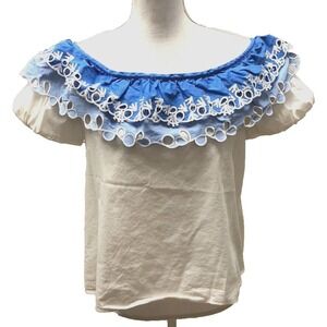 Peter Pilotto Blouse Shirt Womens 6 White Blue Eyelet Ruffle Retro Peasant